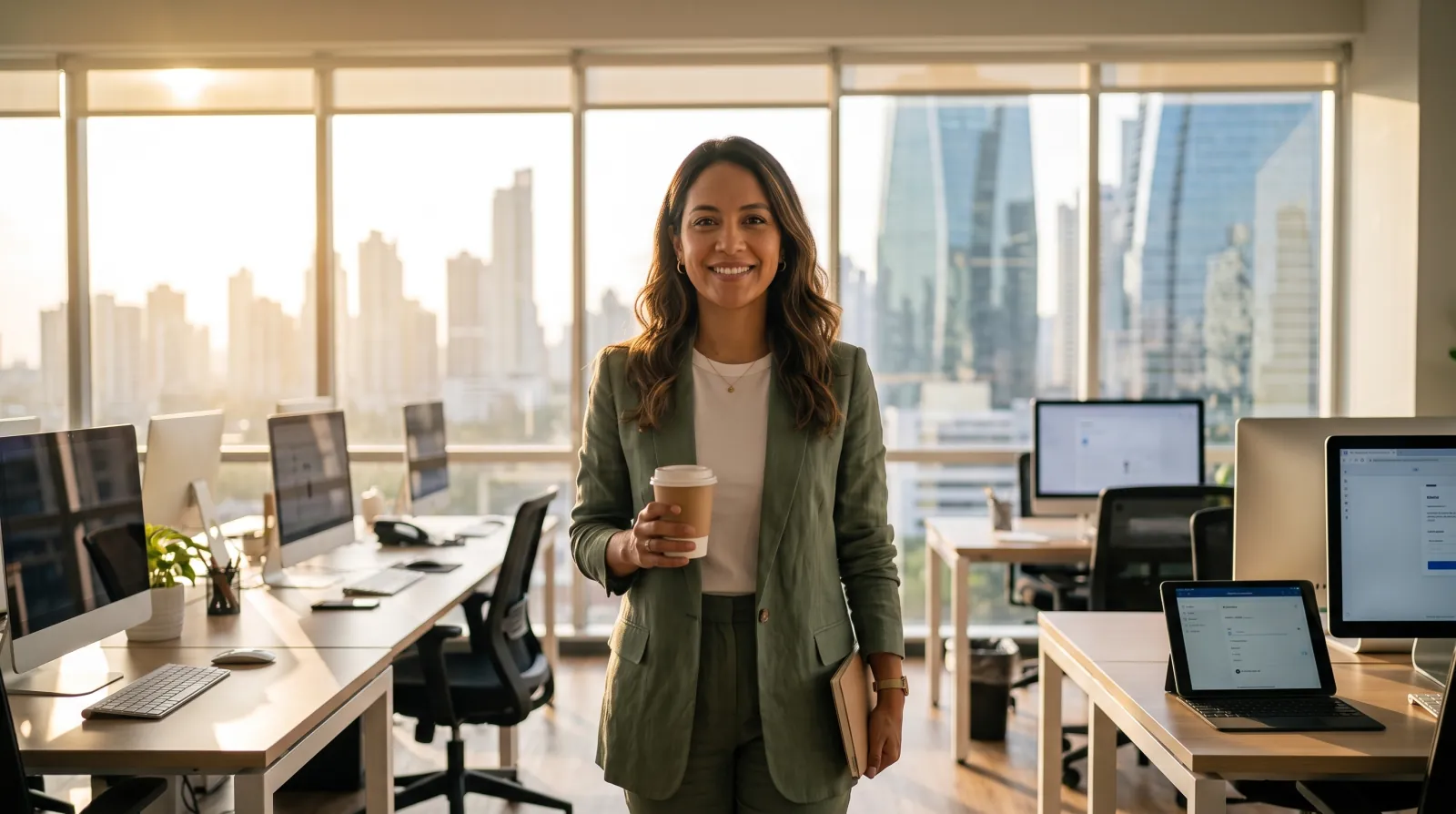 Ana llega a la oficina a las 8 de la mañana con un café y una libreta, sonriente, con la ciudad de Panamá al fondo