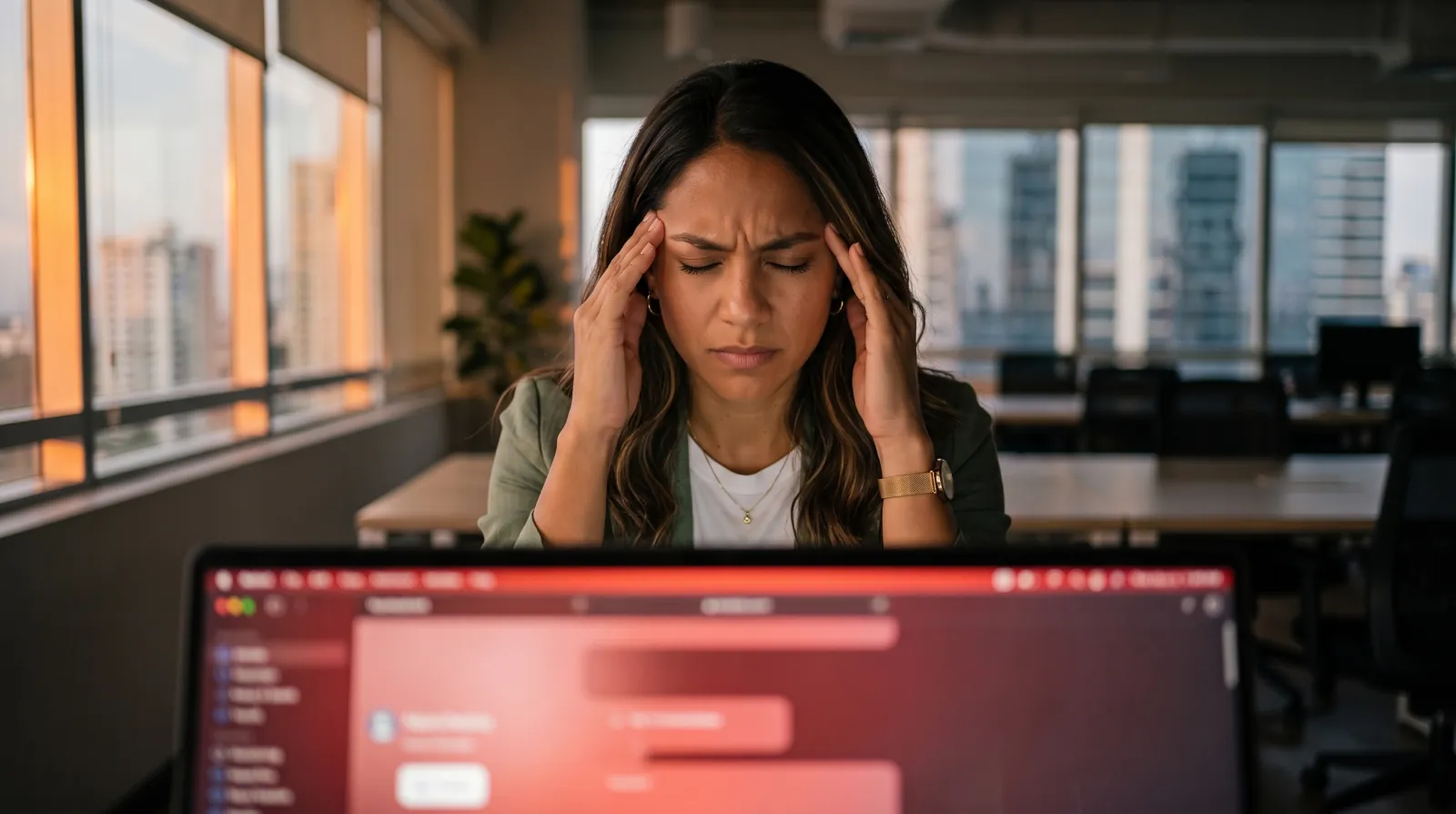 Ana, estresada, se toma la cabeza con las manos al descubrir un error en la pantalla al final de la tarde