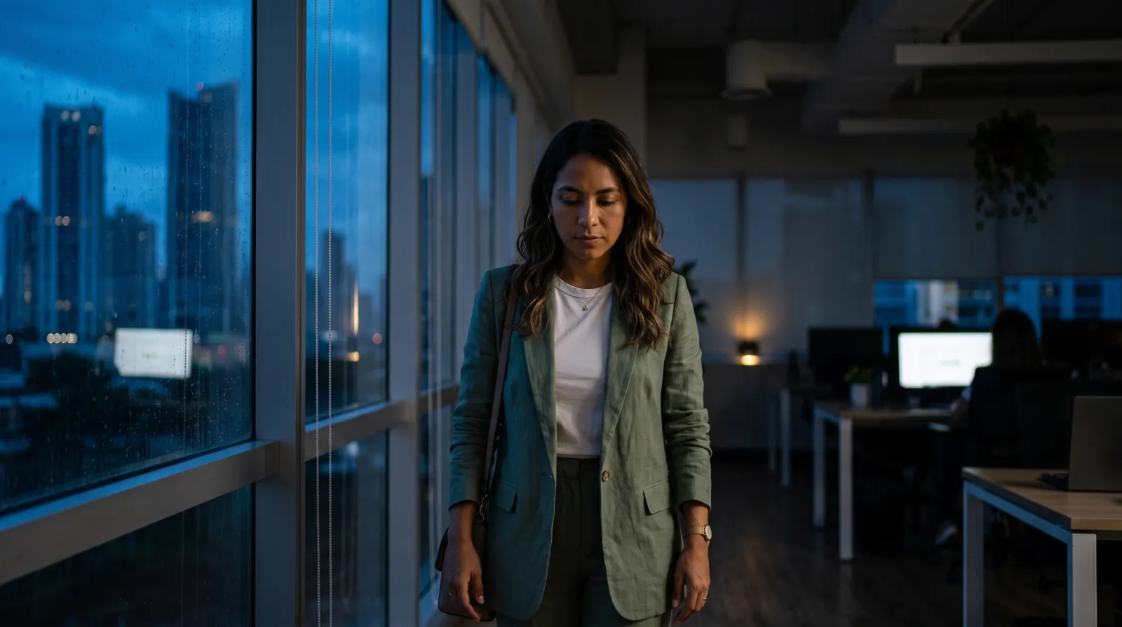 Ana sale de la oficina sin energía al anochecer, cabizbaja, con la ciudad iluminada detrás del ventanal