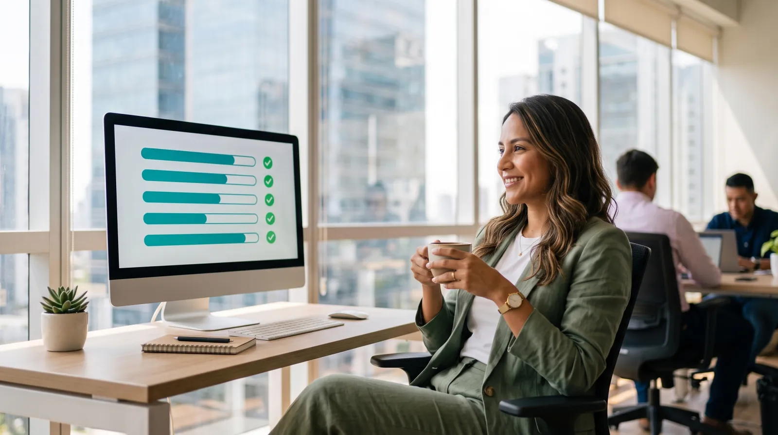 Ana, relajada con un café, mientras en la pantalla las tareas se completan solas