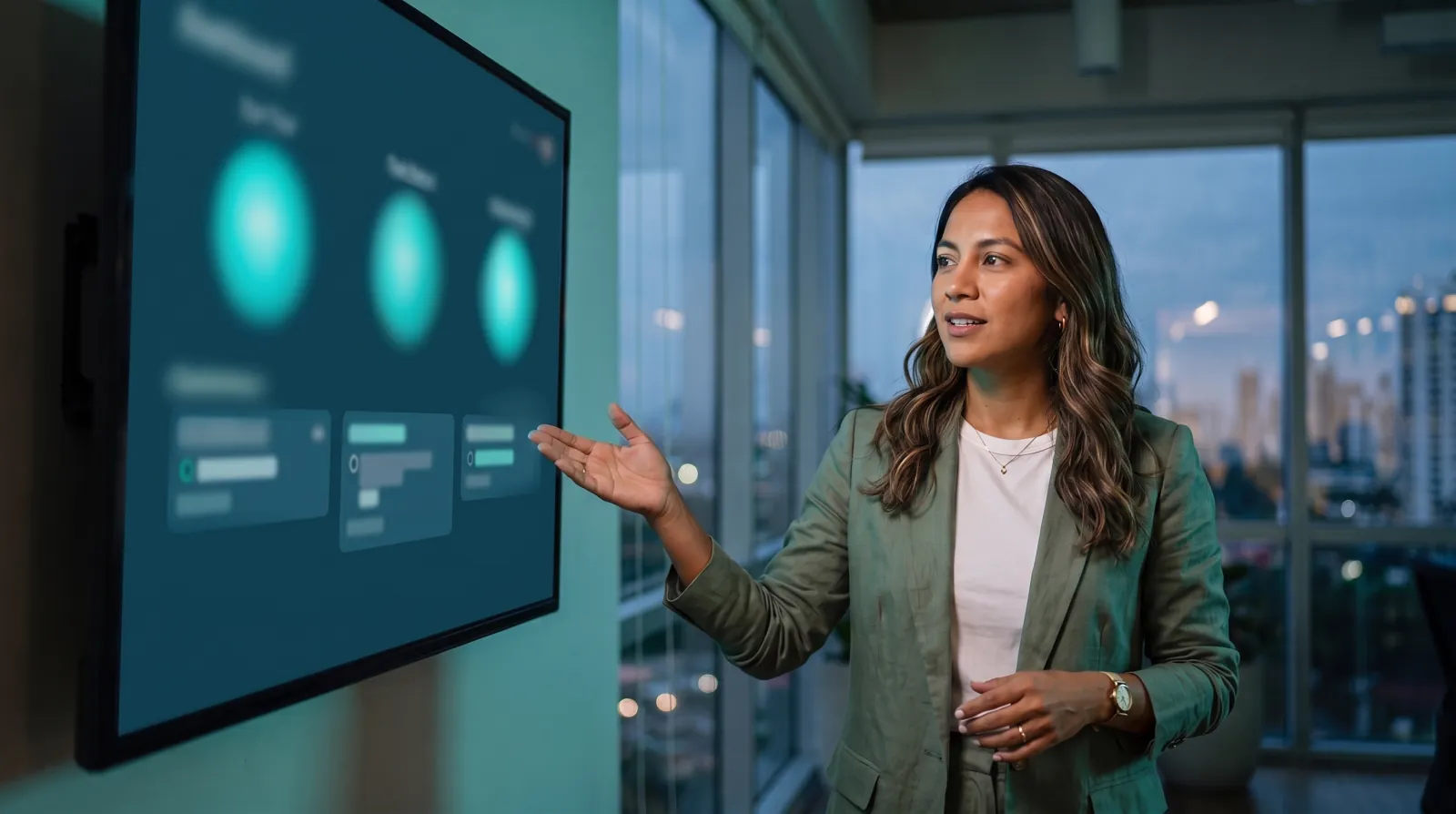 Ana supervisa a tres empleados digitales de IA en una pantalla grande de la oficina