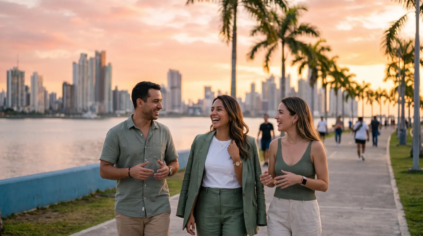 Ana disfruta el atardecer con amigos en la Cinta Costera de Ciudad de Panamá