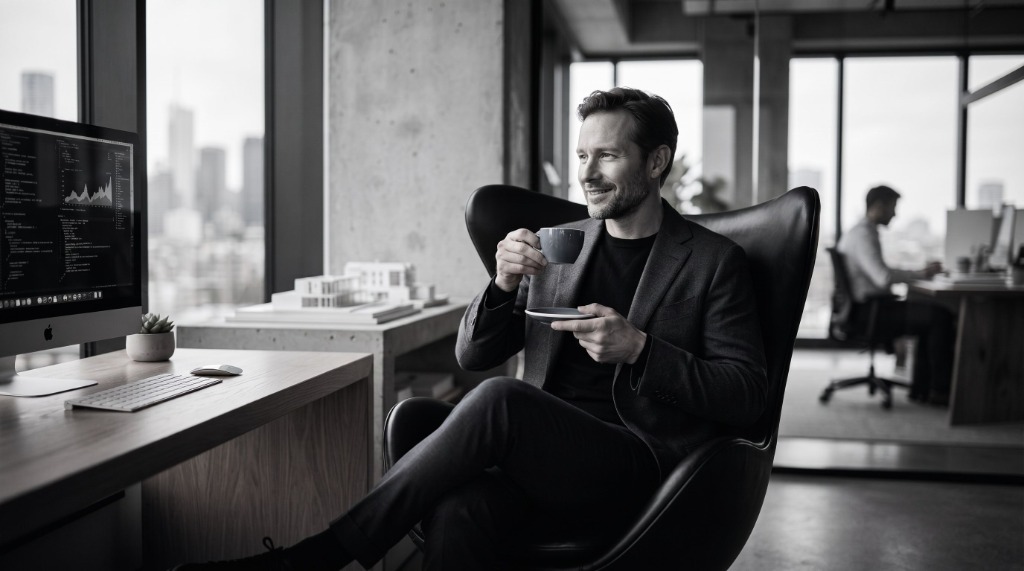 Relaxed businessman in a minimalist modern office enjoying coffee